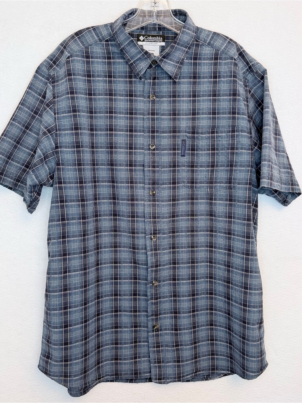 Columbia Plaid Button Front Shirt Blue Short Sleeve 100% Cotton XL